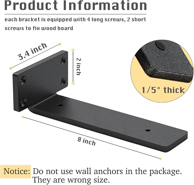 4 Pack Shelf Brackets 8 Inch Floating Shelf Bracket 1/5 inch Thick Heavy Duty Hidden Shelf Brackets Iron Metal Brackets for Shelf Support with Screw Included