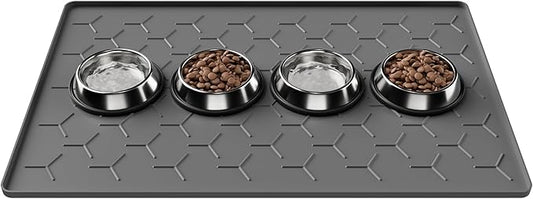 Pieviev Dog Cat Food Bowl Mat, Silicone Waterproof Food Grade Pet Food Mat for Floor, High Raised Edge to Prevent Spills, Non-Slip & Easy Clean Pet Placemat for Dog & Cat Bowls, 34''x22'', Dark Gray