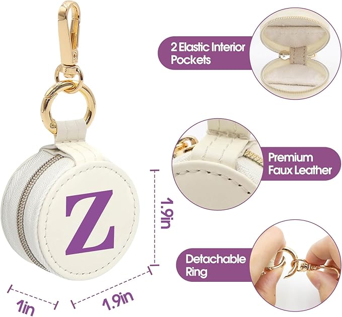 Mini Initial Travel Jewelry Case Ring Holder, Beige Faux Leather Small Jewelry Organizer Box Gifts for Women Girls Nurse Teacher, Gym Travel Accessories Keychain Pouch for Earrings Rings Necklace Z