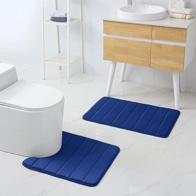 Buganda Memory Foam U-Shaped Contour Toilet Rugs, Non Slip Absorbent, Thick Soft Washable Bathroom Mat, Floor Carpet Bath Rugs Mat for Toilet Base (20" x 20", Navy Blue)