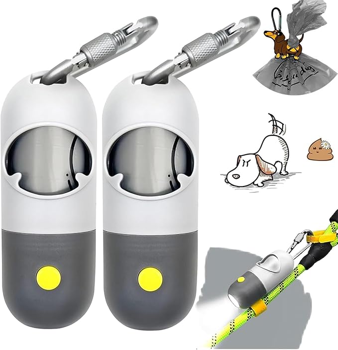 Dog Poop Bag Dispenser with Flashlight|Holder with Leash Clip|Hands-Free Leash Poop Bag Holder with Straps and 1 Roll Dog Waste Bags (Light Gray)(2 Pack)