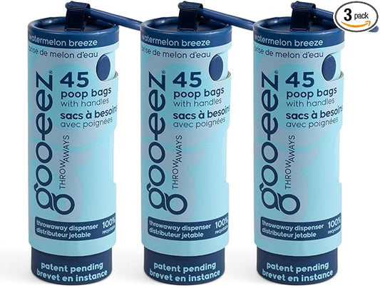 GOO-EEZ Disposable Pet Waste Bag Dispenser 3-Pack (135 ct), Pre-Loaded with 65% Recycled Dog Poop Bags with Easy-Tie Handles, No Refills Needed Twist-and-Pull Design - Watermelon Breeze