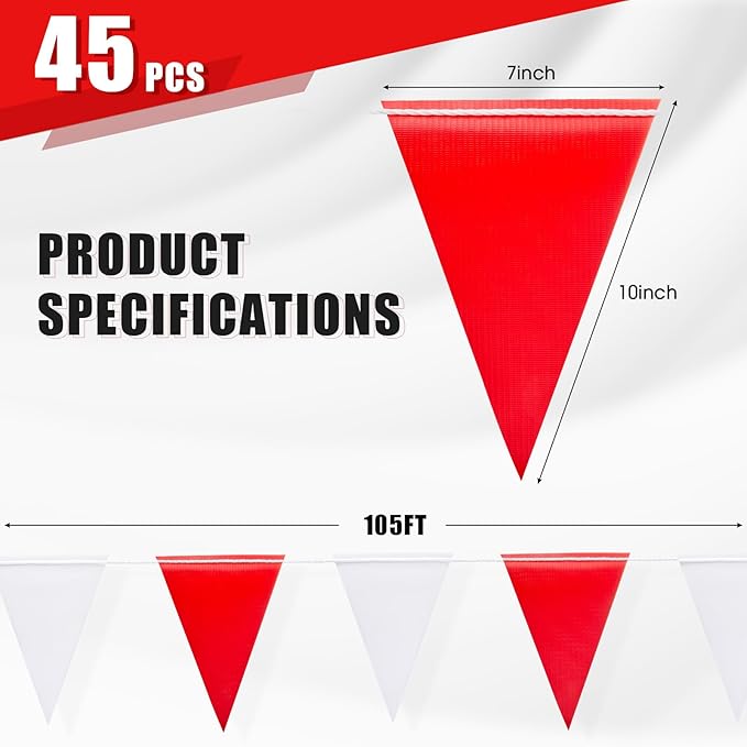Heavy Duty Pennant Banner Flags with Warning Signs - Multipurpose 105FT OSHA Colored Safety Alert Flags for Party,Construction Sites, Industrial Zones, and Events(RED+WHITE,45pcs,105FT)