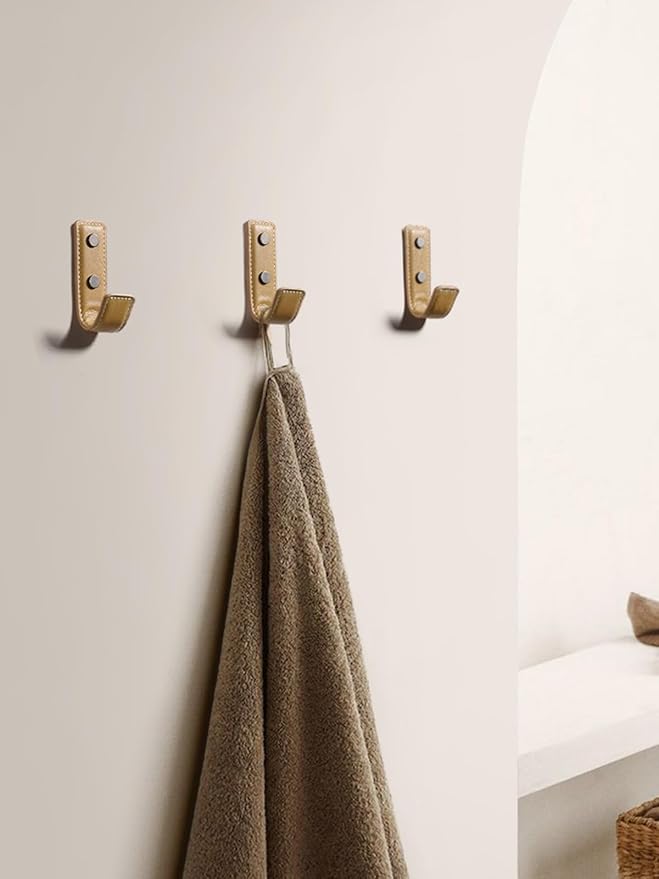 2 Pack Khaki Leather Coat Hooks Wall for Hanging Rectangle Coat Hooks for Hanging Robe Towels Bags Hats Scarf Keys Clothes Suitable for Bedroom, Entryway and Closet