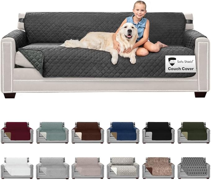 Sofa Shield Couch Slip Cover with Patented Strap, Cushion Protector, US Designed Reversible Stain and Dog Tear Resistant Slipcover, 78 inch Seat, Washable Covers for Dogs Pets Kids, Charcoal