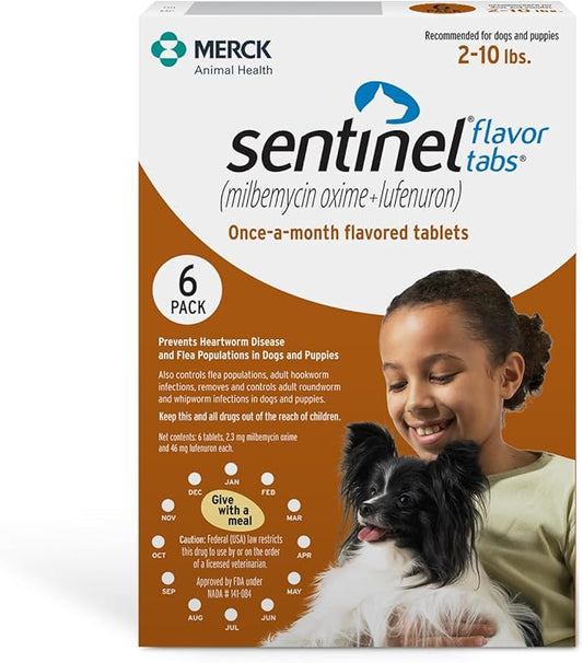 Sentinel Flavor Tabs for Dogs, 2-10 lbs, 6 Chewable Tablets, 6-month supply, Brown Box