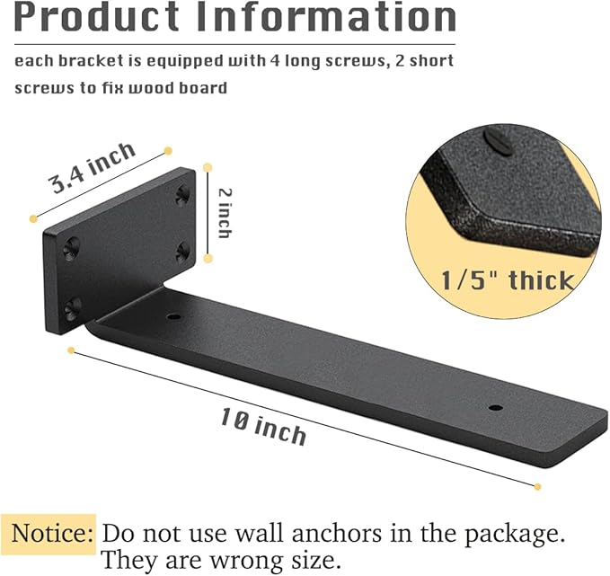 4 Pack Shelf Brackets 10 Inch Floating Shelf Bracket 1/5 inch Thick Heavy Duty Hidden Shelf Brackets Iron Metal Brackets for Shelf Support with Screw Included