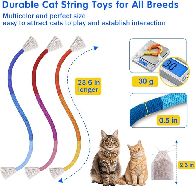 Retro Shaw Cat Chew Ropes with Natural Catnip, 23.6 Inches Safe Teeth Cleaning Cat Toys for Indoor Kittens, Interactive Kitty Kicker Nip String Toys 3 Pack
