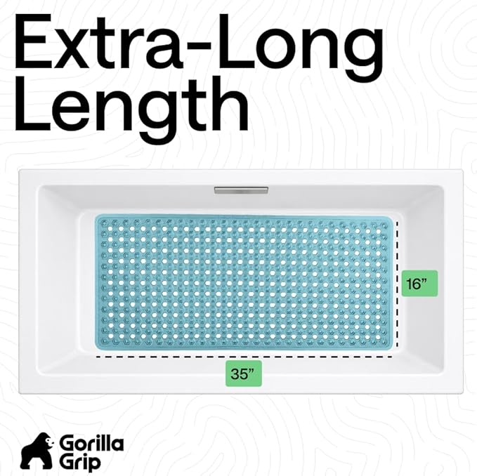 GORILLA GRIP Patented Bath Tub Shower Mat, Machine Washable Bathtub Floor Liner Mats, Suction Cups and Drain Holes to Keep Tubs Clean, Soft on Feet, Bathroom Essentials, 35x16 Inch, Clear Turquoise