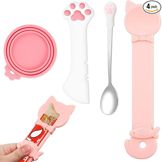 4 Pcs Cat Food Lid and Spoon Set, Silicone Pet Food Can Covers with Multi-Function Spoon Opener, Stainless Steel Wet Food Spoon & Cat Bar Squeezer for Pet Cat Dog Feeding Wet Foods Storage Organizer