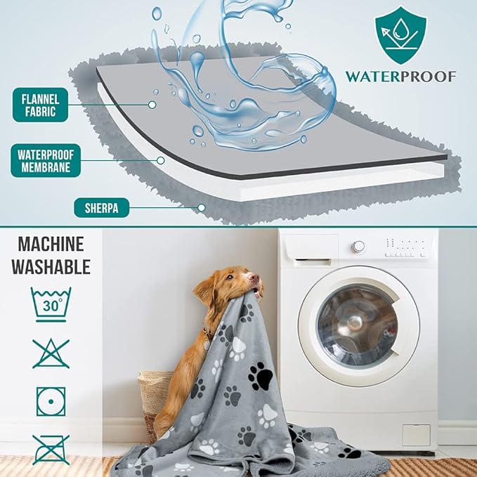 PetAmi Waterproof Dog Blanket - Pee Proof for Extra Large Dogs, Reversible for Puppy & Cat, Soft Dog Crate Cover, Queen 90x90 Paw Gray