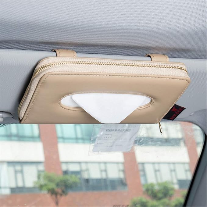 Car Tissue Holder, Sun Visor Tissue Holder, Car Visor Napkin Holder, PU Leather Backseat Tissue Case Holder for Car Vehicle with Zipper (Beige)