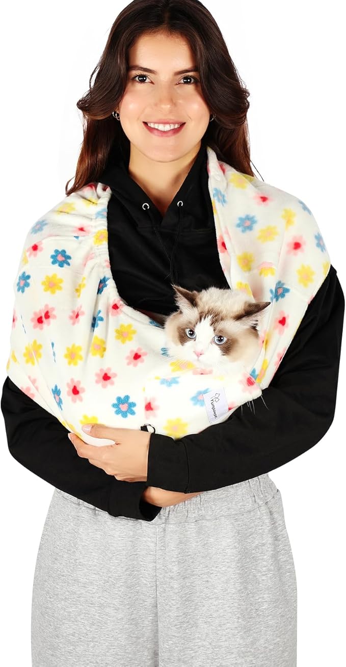 Hands-Free Cat Sling Carrier, Ultra-Soft Polar Fleece Pet Sling for Small Dogs & Cats 3-14 lbs, Machine Washable for Indoor Snuggling & Outdoor Use (Large, Daisy)
