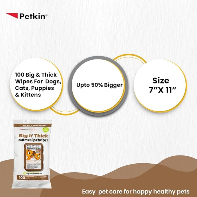 Petkin Pet Wipes for Dogs and Cats, Oatmeal, 100 Wipes (Large) for Dogs and Cats - Soothes Itchy Dry Skin and Cleans Ears, Face, Butt, Body and Eye Area - Idea for Home and Travel