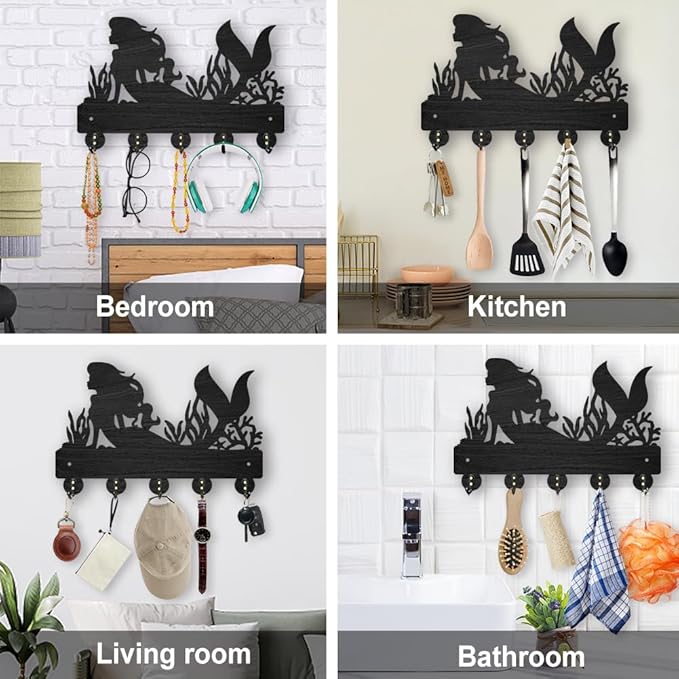 MAYJOYDIY Mermaid Coral Coat Rack Wall Mounted Wood Summer Sea Ocean Creatures Key Rack Holder for Wall 11.8×7.9inch Key Hanger Wall Art Decor 5 Alloy Hooks for Gift Entryway Hallway Kitchen Room