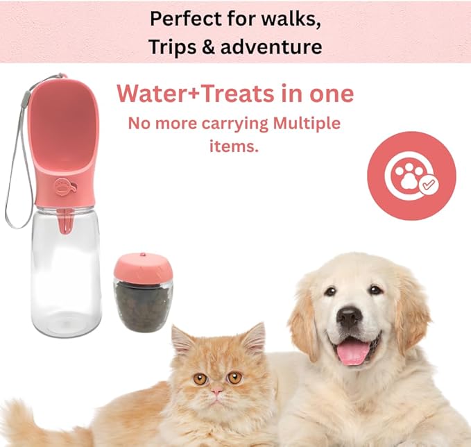 Portable Pet Water Bottle with Drinking Bowl, 12 oz, Pink and Turquoise (Pink, Medium)