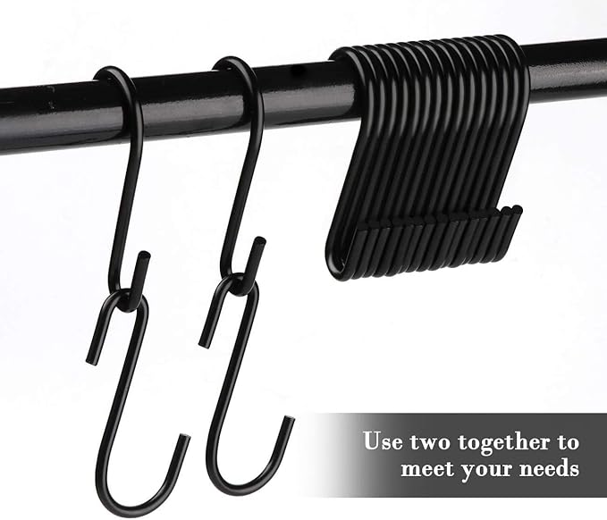 50 Pack Black S Hooks - Steel Hanging Hooks Heavy Duty for Kitchen Pot Rack, Closet, Plants - Metal Hanger for Pots, Pans, Cups, Bags, Jeans, Towels