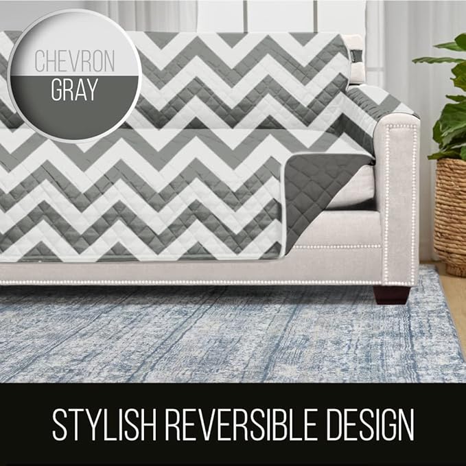 Sofa Shield Couch Slip Cover with Patented Strap, Cushion Protector, US Designed Reversible Stain and Dog Tear Resistant Slipcover, 62 inch Seat, Washable Covers for Dogs Pets, Chevron Gray