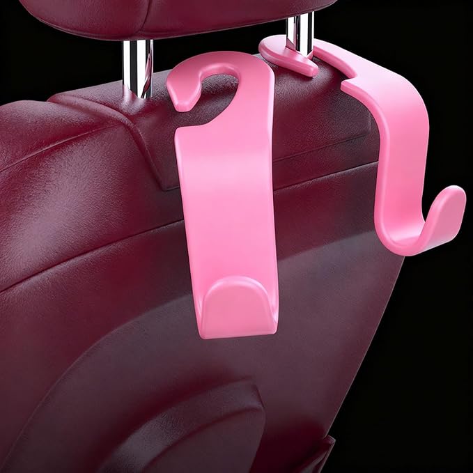 ANULEYO 4 car Hooks for headrests, PE Material seat Back Hooks and Phone Holder, Double Headed Pillow, Wallet Storage, Handbags, Bags (Pink)