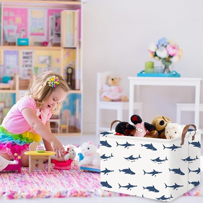 FXOCSHE Rectangular Easter Shark Basket,Collapsible toy box for kids,easter gift basket, Nursery Hamper for Shelve Toy Box,Shelf Basket(Shark)