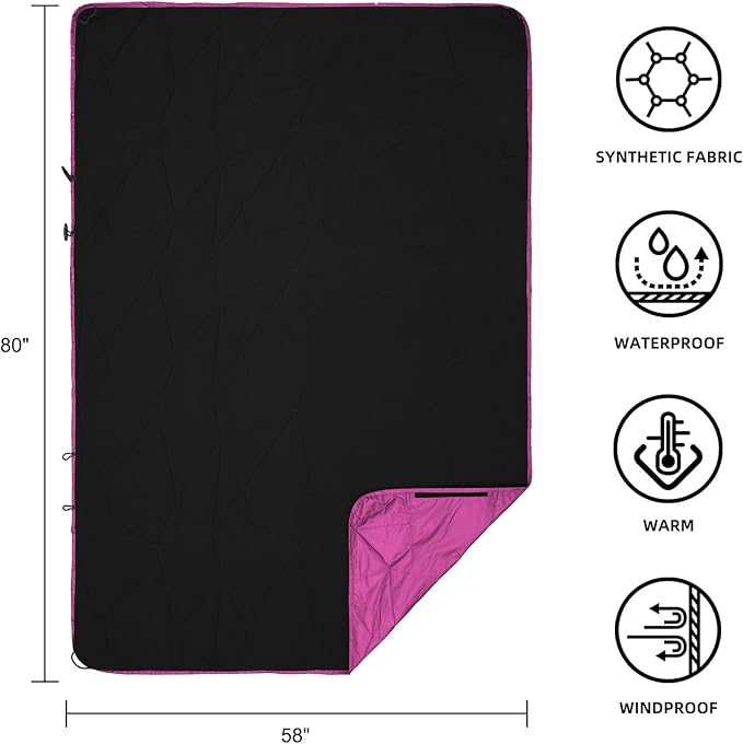 KawaGebo Kamp Outdoor Waterproof Blanket, Foldable Fleece Stadium Blanket for Outdoor Sports Event, Camping, Car, Pet, Picnics - Windproof, Wearable, Machine Washable 80" x 58" (Rose Purple)