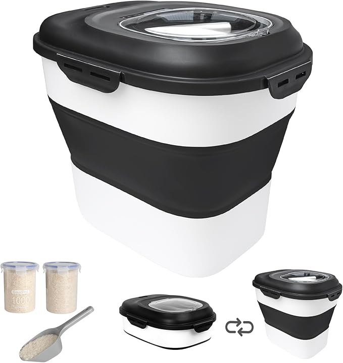 DDMOMMY 20-50 Lbs Food Storage Containers,Collapsible Rice Container with Wheel Airtight Locking Lid,Flour Storage Container with Small Food Container and Scoop,Suitable for Food,Rice,Pet Food,Flour