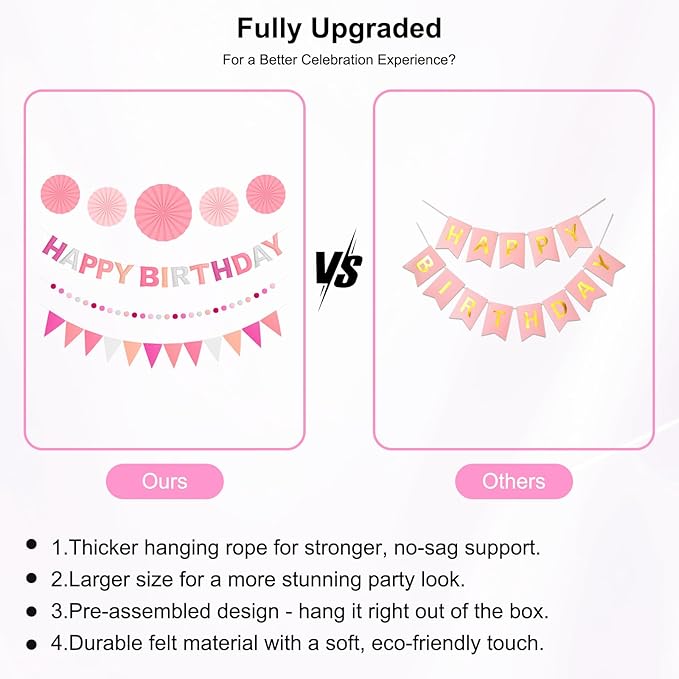 Pre-Strung 3D Felt Happy Birthday Banner, Reusable Pink Birthday Party Decorations for Women, Happy Birthday Sign with Felt Ball Garland, Pennant Flag, Hanging Paper Fans