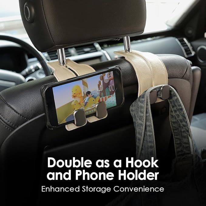 KINIVA 4 Pack Car Seat Hooks for Headrest, PU Leather Purse Hook Holder - Double Hook Design for Bags, Phones, Groceries, Car Back Seat Storage Accessories (06-White 4 Pcs)