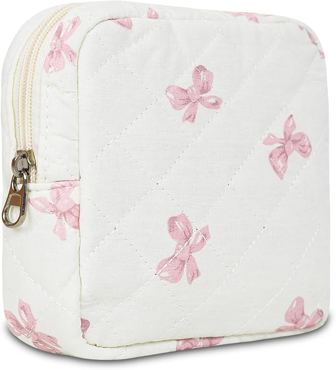 Small Floral Quilted Makeup Bag, Coquette Aesthetic Travel Toiletry Organizer for Women, Lightweight Cotton Cosmetic Pouch