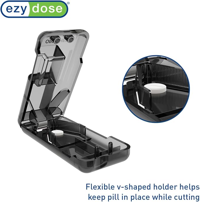 EZY DOSE Pill Cutter and Splitter with Dispenser, Safely Cuts Large, Small and Tiny Pills, Vitamins, Tablets in Half, Accurate and Easy Cutting, Stainless Steel Blade, Travel Sized, Black, BPA Free