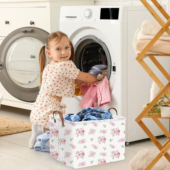 FXOCSHE Rectangular Rose Pink Flower Basket for Girls,Waterproof collapsible laundry basket for girls,Kids Storage Baskets,Books Box,Gift Baskets,Baby Room Decor(Pink Flowers)