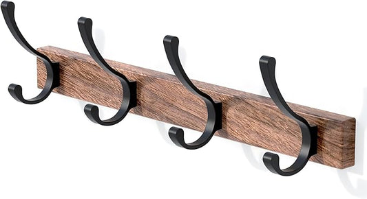 IURRDOP 17 Inch Black Walnut Wood Wall Mounted Coat Rack with 4 Black Double Hooks, Adhesive Mounted Entryway Hooks, Modern Natural Wooden Pegs for Hanging Coat Clothes Hat Bag Purse Key and Towel