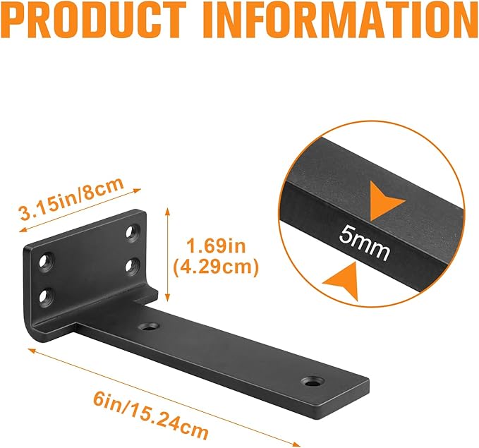 Floating Shelf Brackets 6 inch 4 Pack L Brackets for Shelves Black Metal Heavy Duty Shelf Bracket for DIY Decorative with Mounting Hardware
