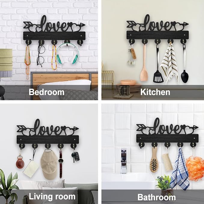 MAYJOYDIY Wood Love Heart Coat Hooks Wall Mount Love Arrow Key Holder for Wall 11.8×6inch Black Wall Art Decor Key Hooks 5 Alloy Hooks for Gift Entryway Living Room Kitchen Office