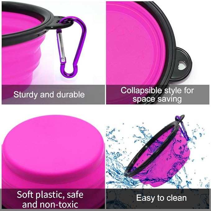 Dog Bowl Pet Collapsible Bowls, 2 Pack Collapsible Dog Water Bowls for Cats Dogs, Portable Pet Feeding Watering Dish for Walking Parking Traveling with 2 Carabiners (Small, Green+Purple)
