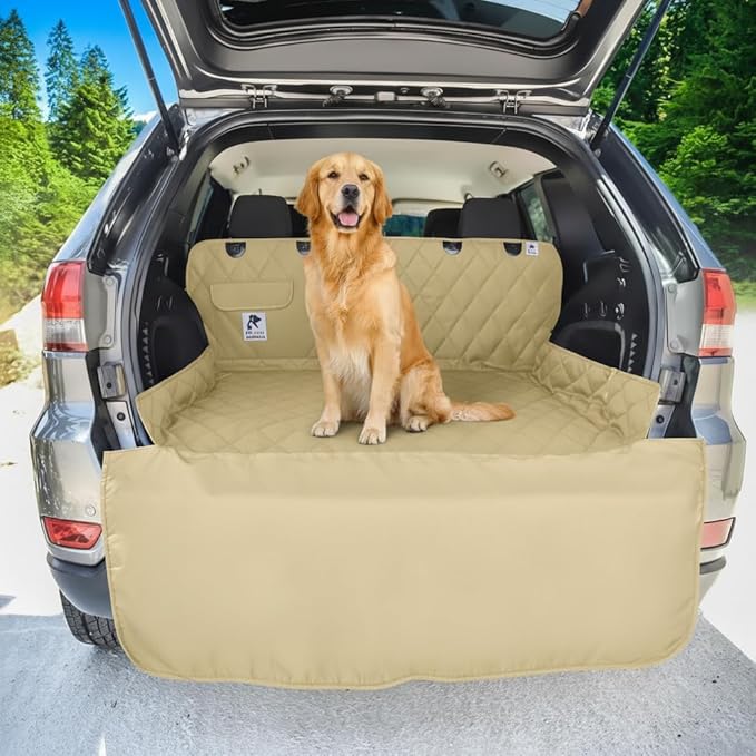 SUV cargo liner for dogs, Dog Car Seat Cover For Back Seat, Nonslip trunk mat, Waterproof Car Seat Protector for Dogs, Durable cargo cover with Bumper Flap, Dog Accessories - Beige Color (Beige)