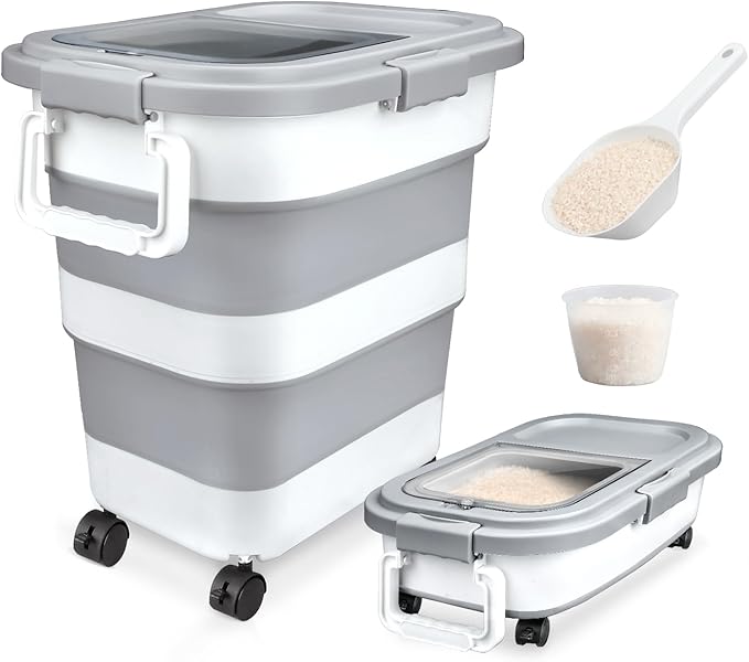 Komzon Rice Storage Container, Collapsible Airtight 10-40 Lb Rice Storage Container, Pet Dog Food Storage Container 25lb, Rice Dispenser Bin with Cup and Scoop for Flour Cereal Pasta Grain, Cat Bird