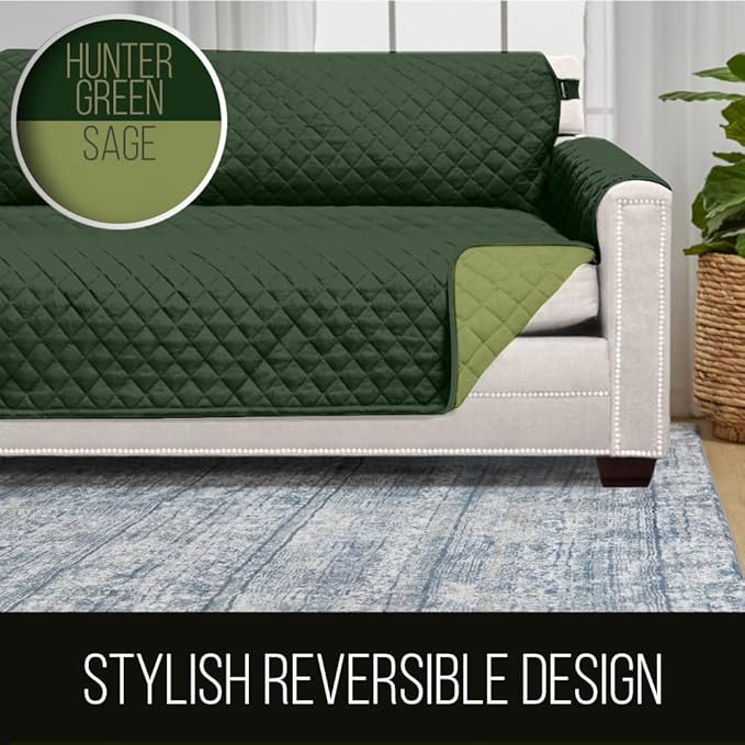 Sofa Shield Couch Slip Covers for Dogs, Reversible Furniture Protector with Strap, Stain and Tear Resistant Cushion Cover, 62 inch Seat, Machine Washable Slipcover Pets, Cats, Hunter Green Sage