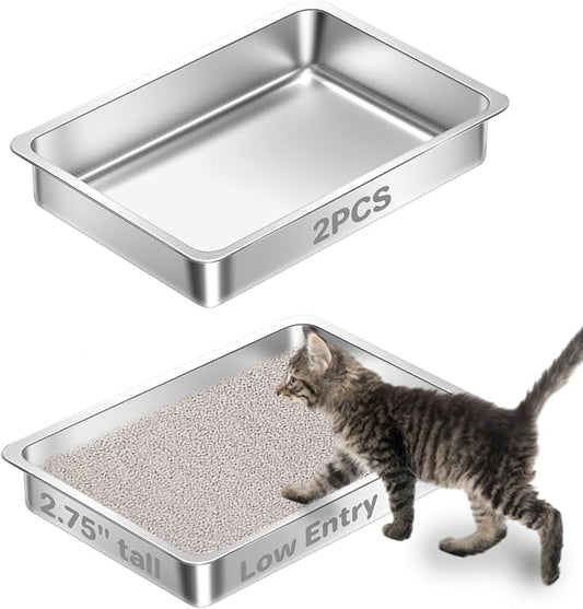 2 Pack Low Entry Stainless Steel Cat Litter Box for Senior Cats, Metal Shallow Litter Box, Easy Access Kitty Litter Pan Tray, Easy Cleaning,Non Stick-15.75''Lx 11.81'' W x2.76'' H