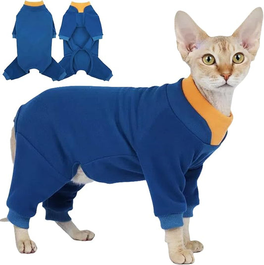 T'CHAQUE Sticky Hair Cat Onesie - Soft Long Sleeve Cat Pajamas, Anti-Shedding,Surgery Recovery Suit, Wound Protection & Preventing Licking, Kitten Sweaters for Male Female, Blue-S