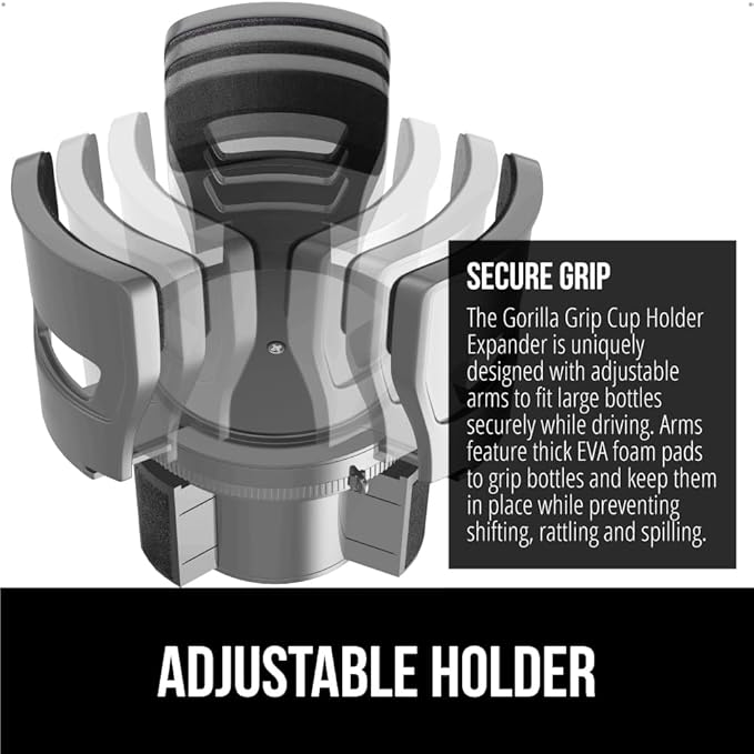 GORILLA GRIP Patent Pending Car Cup Holder Expander, Keeps Large Drink Cups Secure, Expands Fits Yeti, HydroFlask, Stanley 18 to 48oz Large Water Bottles, Coffee Mug, Adjustable Arms Insert, Gray