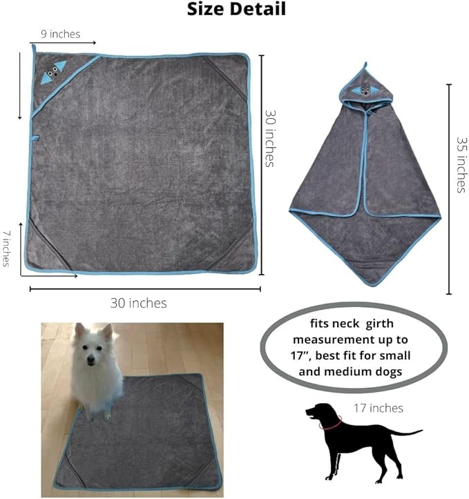 Penny & Niko Multi Purpose Microfiber Pet Towel - Drying Towel/Hooded Robe for Dogs and Cats (30 x 30-2 Pack, Blue/Gray)
