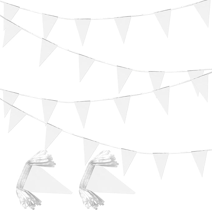 100 Feet White Pennant Banners Flags String Hanging Triangle Bunting Flags,Party Decorations for Grand Opening,Kids Birthday,Carnival,60 PCS