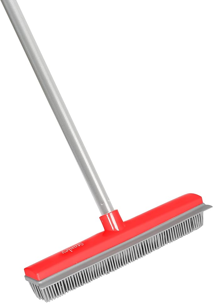 Stanley Home Products Rubber Broom with Adjustable Handle – for Carpets Floors Stairs Upholstery – Electrostatic Action Removes Pet Hair Lint Fuzz Dirt – Built-in Squeegee Tackles Wet Messes