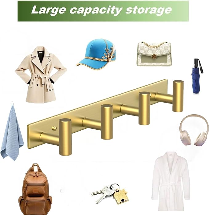 VINHOLD Wall Mounted Coat Rack-4 Hooks, Heavy Duty Stainless Steel Wall Hooks for Towel Coat Bag, Hat Rack Coat Hanger Coat Hooks Towel Racks for Bathroom Entryway Kitchen Hotel Office (Gold, 1 Pack)