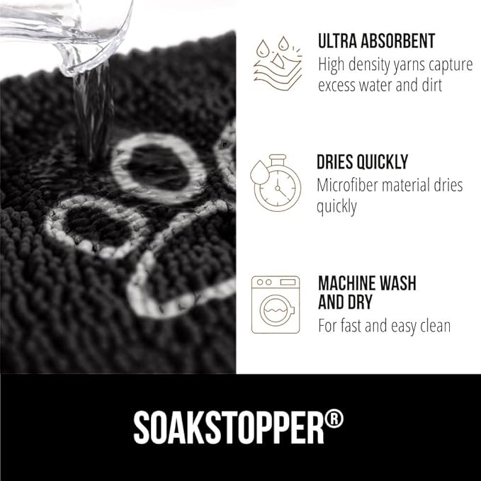 GORILLA GRIP SOAKSTOPPER Dog Door Mat, 48x30 Machine Washable Rug Absorbent Doormat Captures Moisture Mud Dirt, Quick Dry Soft Chenille Entryway Rugs Indoor Entrance Mats for Dog Paws, Black White