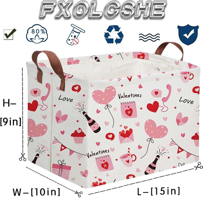 FXOCSHE Rectangular Pink Valentine's Day Gift Basket,nursery basket,Pink girls gift baskets,kids toy storage Bin, Love Heart Room Decor for Home,Shelf Baskets(Balloon Love)