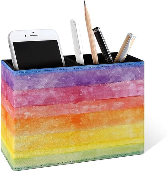 Famame Watercolor Grandient Rainbow Pencil Holder for Desk, Leather Desktop Container Pen Cup Storage Study Table Pen Organizer Makeup Brush Holder for Classroom Office Home