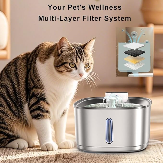 Wireless Cat Water Fountain Stainless Steel, 108oz/3.2L Cat Fountain Battery Operated, Cordless Pet Water Fountain for Cats & Dogs with Motion Sensor, Ultra Quiet Pump, Multi-Filtration