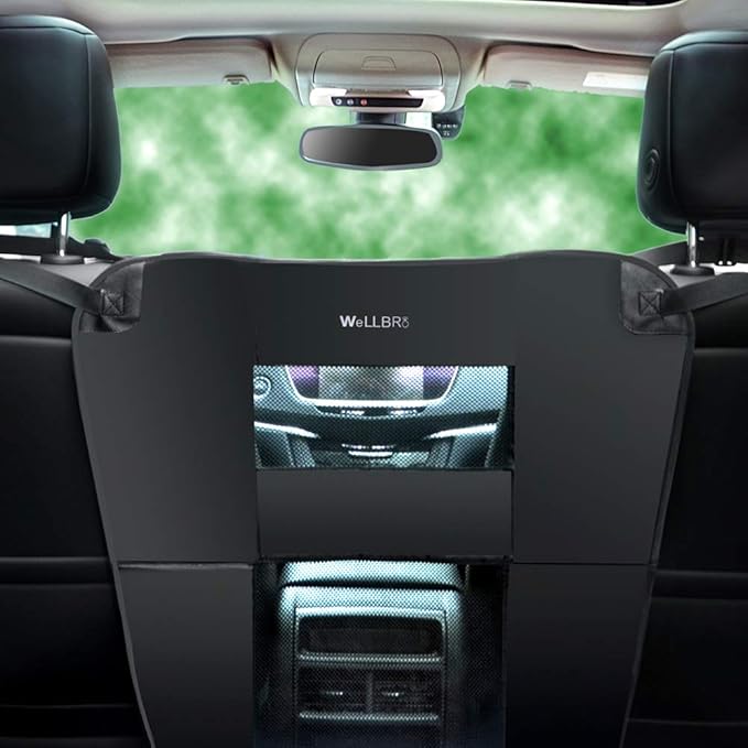 Wellbro Dog Car Backseat Barrier, Padded and Durable Nylon Net Pet Barrier, Vehicle Travel Dog Fence with 2 Mesh Windows, for Safe Driving, Easy to Install and Adjust for All Cars